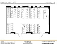 Plan view of the classroom that provides room capacity, seating locations and exits. Contact information is in the footer