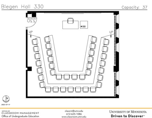 Plan view of the classroom that provides room capacity, seating locations and exits. Contact information is in the footer