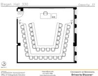 Plan view of the classroom that provides room capacity, seating locations and exits. Contact information is in the footer