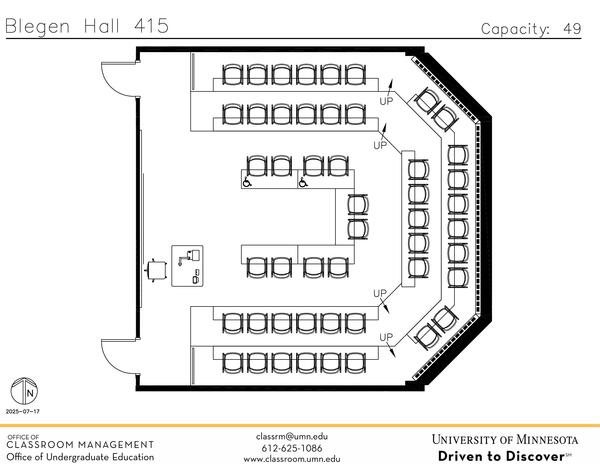 Plan view of the classroom that provides room capacity, seating locations and exits. Contact information is in the footer