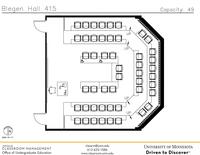 Plan view of the classroom that provides room capacity, seating locations and exits. Contact information is in the footer