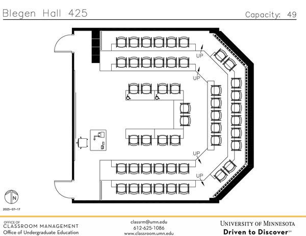 Plan view of the classroom that provides room capacity, seating locations and exits. Contact information is in the footer