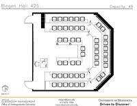Plan view of the classroom that provides room capacity, seating locations and exits. Contact information is in the footer