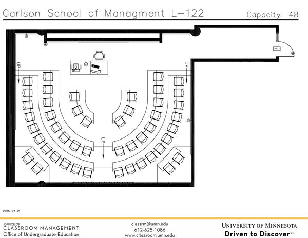 Plan view of the classroom that provides room capacity, seating locations and exits. Contact information is in the footer
