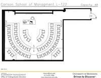 Plan view of the classroom that provides room capacity, seating locations and exits. Contact information is in the footer