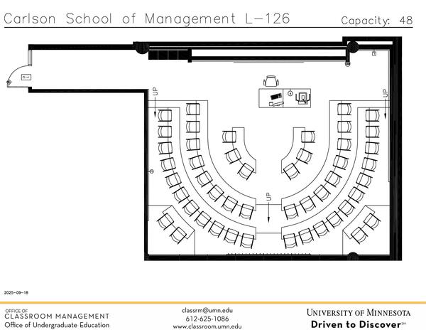 Plan view of the classroom that provides room capacity, seating locations and exits. Contact information is in the footer
