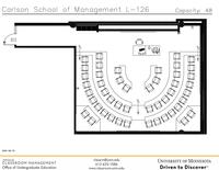 Plan view of the classroom that provides room capacity, seating locations and exits. Contact information is in the footer