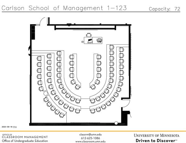 Plan view of the classroom that provides room capacity, seating locations and exits. Contact information is in the footer