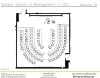 Plan view of the classroom that provides room capacity, seating locations and exits. Contact information is in the footer