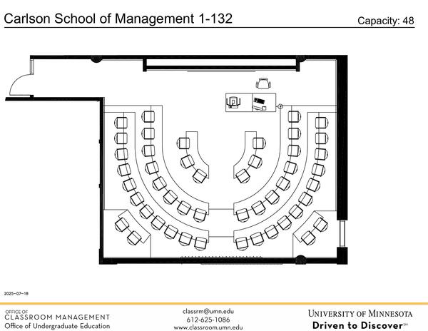 Plan view of the classroom that provides room capacity, seating locations and exits. Contact information is in the footer