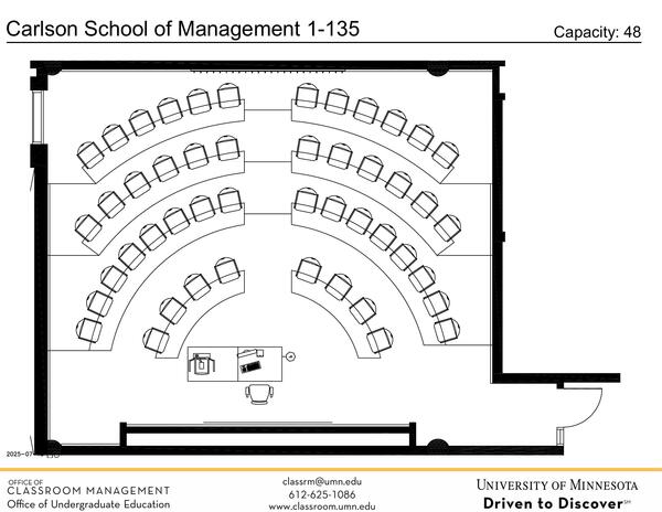 Plan view of the classroom that provides room capacity, seating locations and exits. Contact information is in the footer