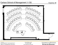 Plan view of the classroom that provides room capacity, seating locations and exits. Contact information is in the footer