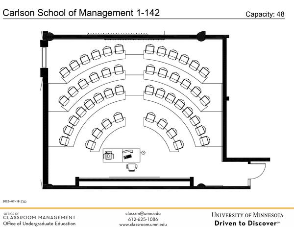 Plan view of the classroom that provides room capacity, seating locations and exits. Contact information is listed in the footer.