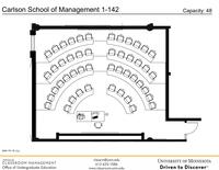 Plan view of the classroom that provides room capacity, seating locations and exits. Contact information is listed in the footer.