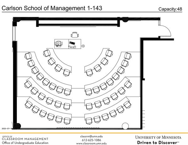 Plan view of the classroom that provides room capacity, seating locations and exits. Contact information listed in the footer.