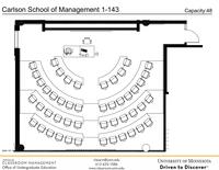 Plan view of the classroom that provides room capacity, seating locations and exits. Contact information listed in the footer.