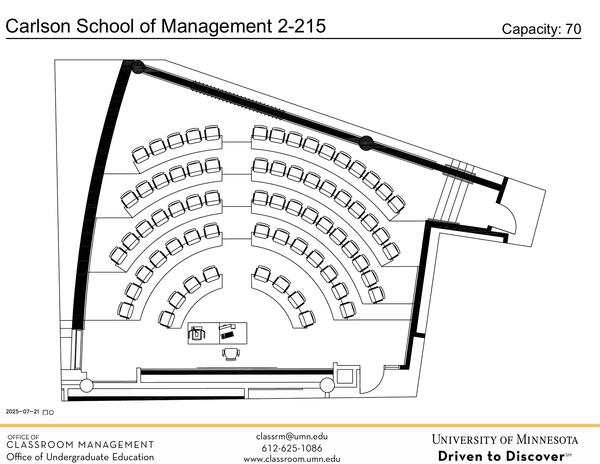 Plan view of the classroom that provides room capacity, seating locations and exits. Contact information is in the footer