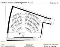 Plan view of the classroom that provides room capacity, seating locations and exits. Contact information is in the footer