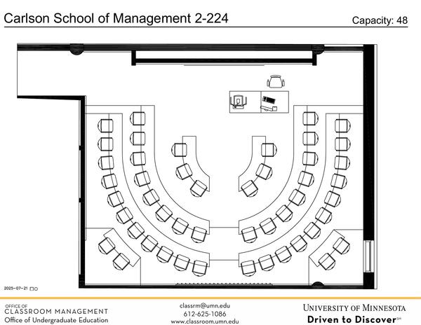 Plan view of the classroom that provides room capacity, seating locations and exits. Contact information is in the footer