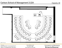Plan view of the classroom that provides room capacity, seating locations and exits. Contact information is in the footer