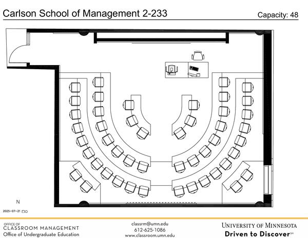 Plan view of the classroom that provides room capacity, seating locations and exits. Contact information is in the footer