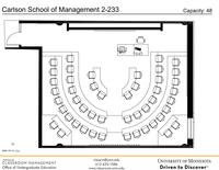 Plan view of the classroom that provides room capacity, seating locations and exits. Contact information is in the footer