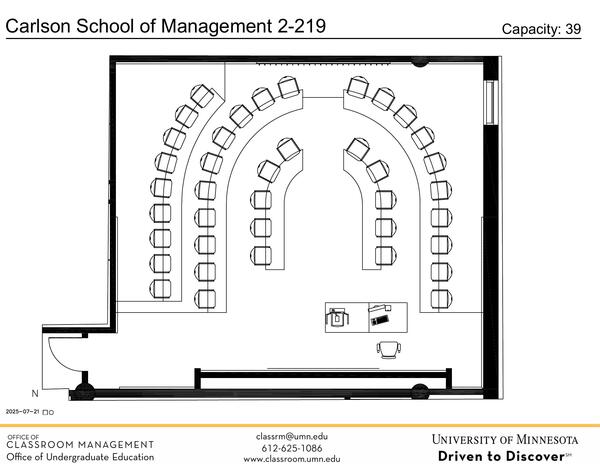 Plan view of the classroom that provides room capacity, seating locations and exits. Contact information is in the footer