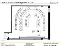 Plan view of the classroom that provides room capacity, seating locations and exits. Contact information is in the footer