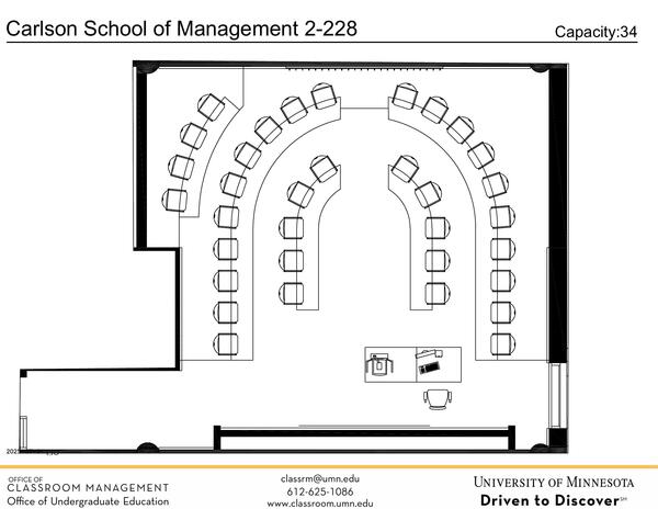 Plan view of the classroom that provides room capacity, seating locations and exits. Contact information is in the footer
