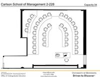 Plan view of the classroom that provides room capacity, seating locations and exits. Contact information is in the footer