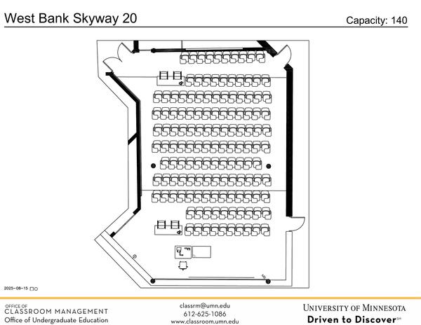 Plan view of the classroom that provides room capacity, seating locations and exits. Contact information is in the footer