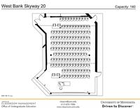 Plan view of the classroom that provides room capacity, seating locations and exits. Contact information is in the footer