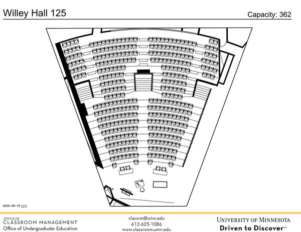 Plan view of the classroom that provides room capacity, seating locations and exits. Contact information is in the footer