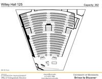 Plan view of the classroom that provides room capacity, seating locations and exits. Contact information is in the footer