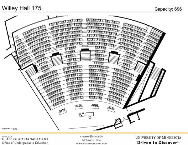 Plan view of the classroom that provides room capacity, seating locations and exits. Contact information is in the footer
