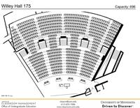 Plan view of the classroom that provides room capacity, seating locations and exits. Contact information is in the footer