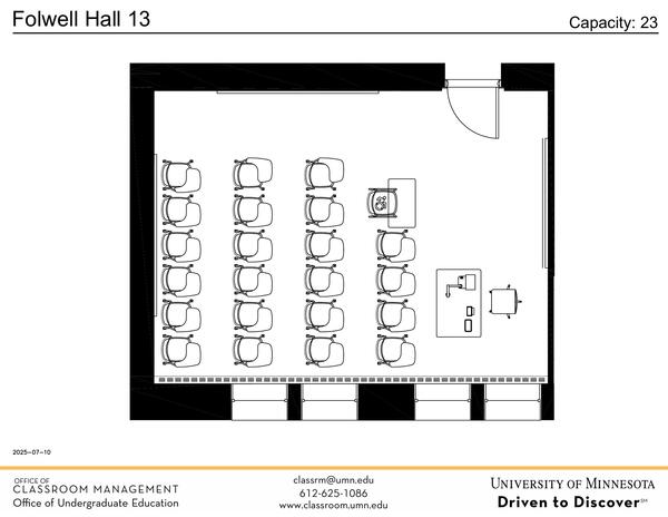 Plan view of the classroom that provides room capacity, seating locations and exits. Contact information is in the footer