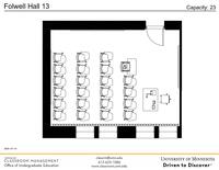 Plan view of the classroom that provides room capacity, seating locations and exits. Contact information is in the footer