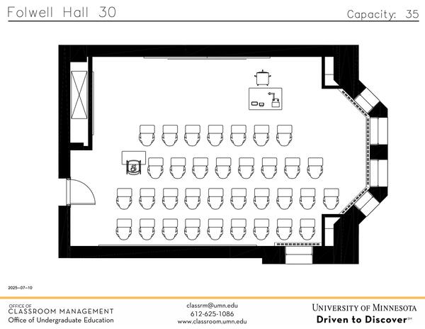 Plan view of the classroom that provides room capacity, seating locations and exits. Contact information is in the footer
