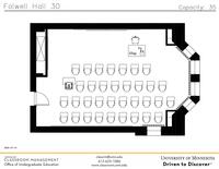 Plan view of the classroom that provides room capacity, seating locations and exits. Contact information is in the footer