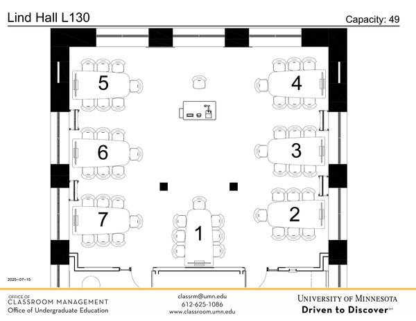 Plan view of the classroom that provides room capacity, seating locations and exits. Contact information is in the footer