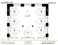 Plan view of the classroom that provides room capacity, seating locations and exits. Contact information is in the footer