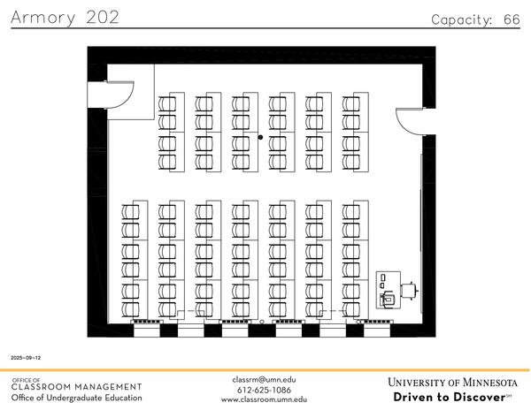 Plan view of the classroom that provides room capacity, seating locations and exits. Contact information is in the footer