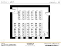 Plan view of the classroom that provides room capacity, seating locations and exits. Contact information is in the footer