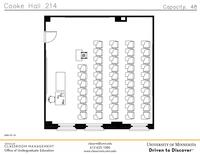 Plan view of the classroom that provides room capacity, seating locations and exits. Contact information is in the footer