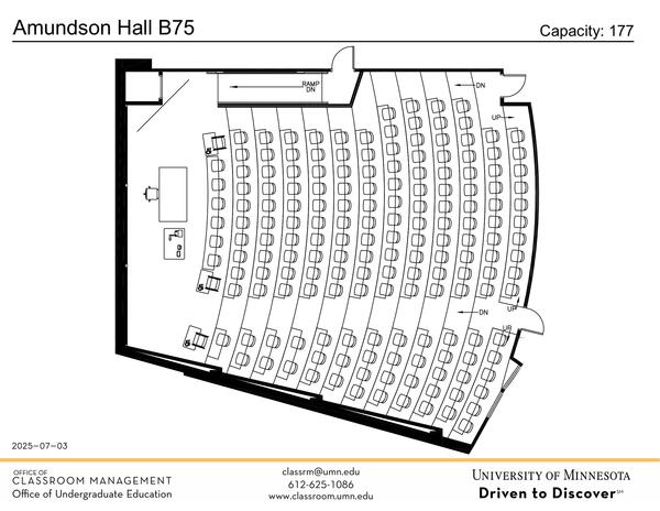 Plan view of the classroom that provides room capacity, seating locations and exits. Contact information is in the footer
