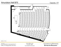 Plan view of the classroom that provides room capacity, seating locations and exits. Contact information is in the footer