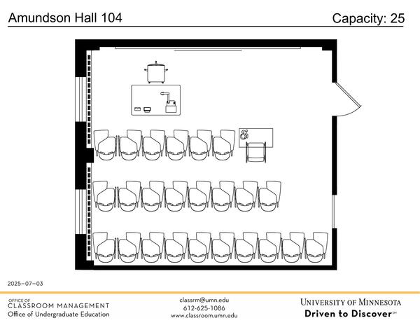 Plan view of the classroom that provides room capacity, seating locations and exits. Contact information is in the footer
