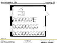 Plan view of the classroom that provides room capacity, seating locations and exits. Contact information is in the footer