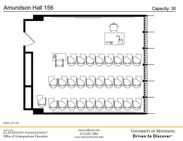 Plan view of the classroom that provides room capacity, seating locations and exits. Contact information is in the footer